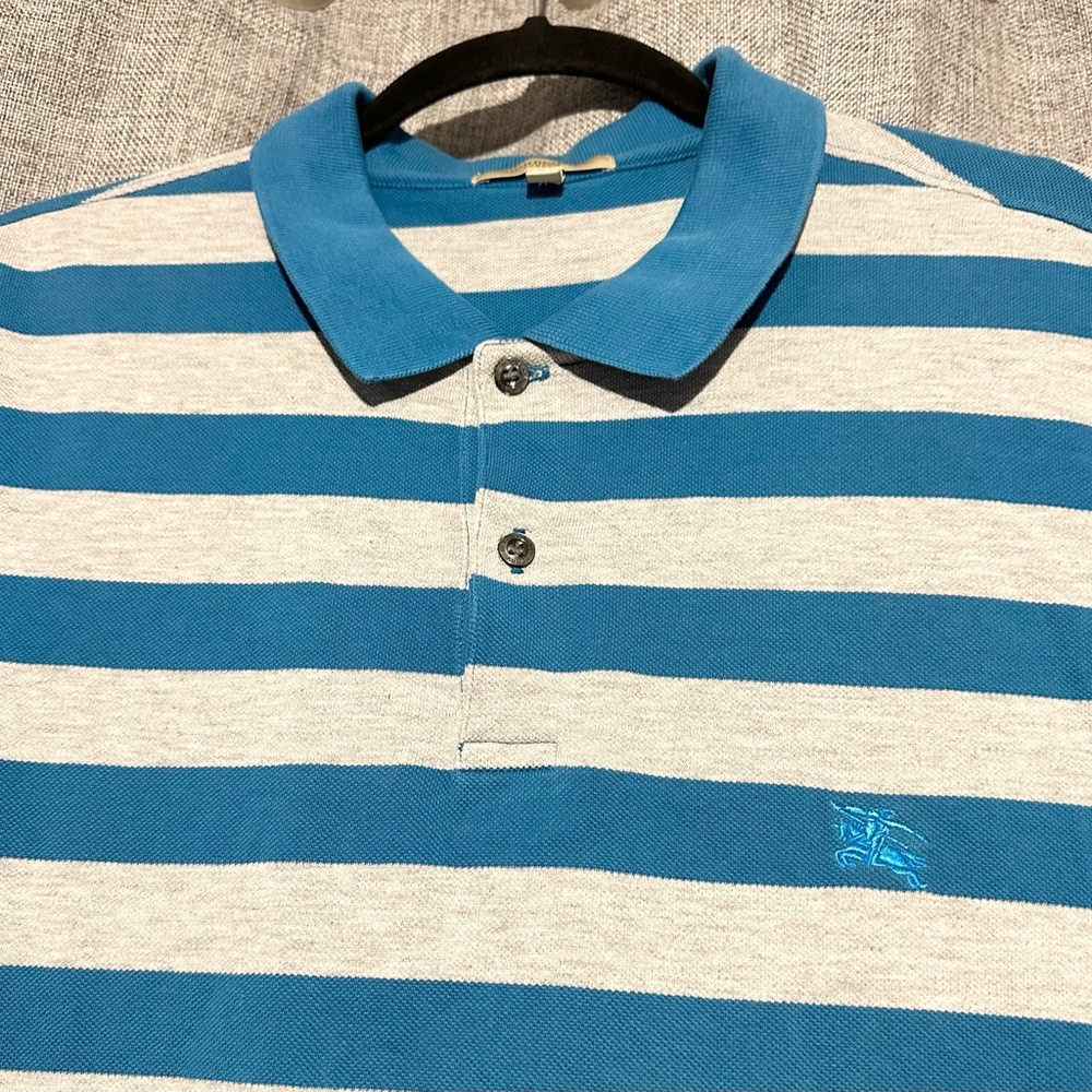 Burberry London Men’s Teal and White Striped Polo Shirt, Size L - Picture 2 of 6